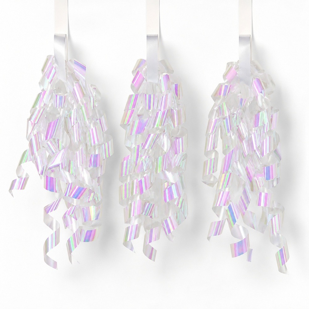 Spritz Iridescent Curly Ribbon Gift Bows 3 Pack White Holographic Party Decor